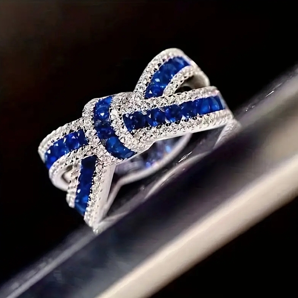 Sapphire Blue & Clear CZs Bow Ring